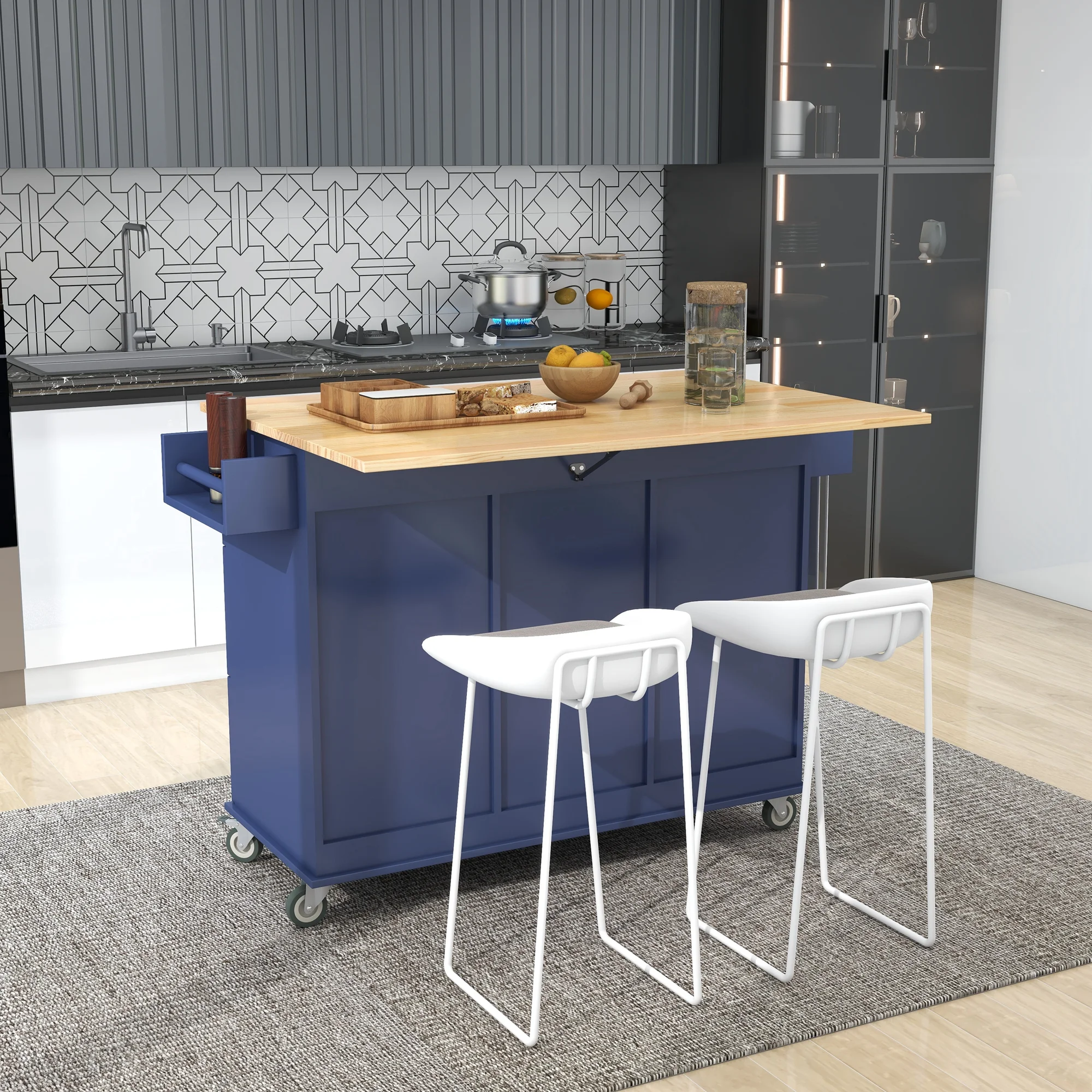 COOKCOK Mobile Kitchen Island Cart,Kitchen Cart with Wood Top and Drop Leaf Breakfast Bar,Rolling 52.7