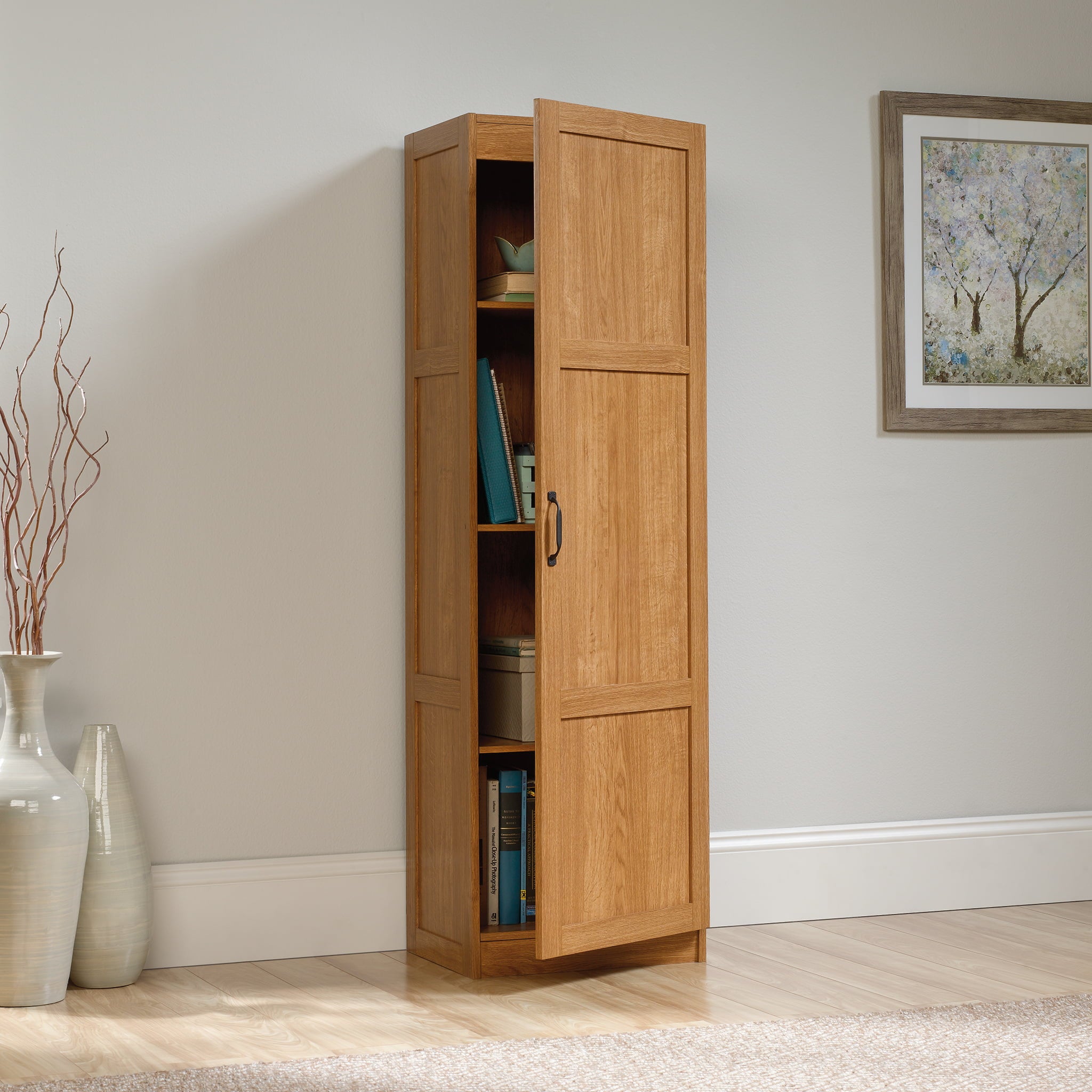 Sauder Storage Cabinet, Highland Oak Finish