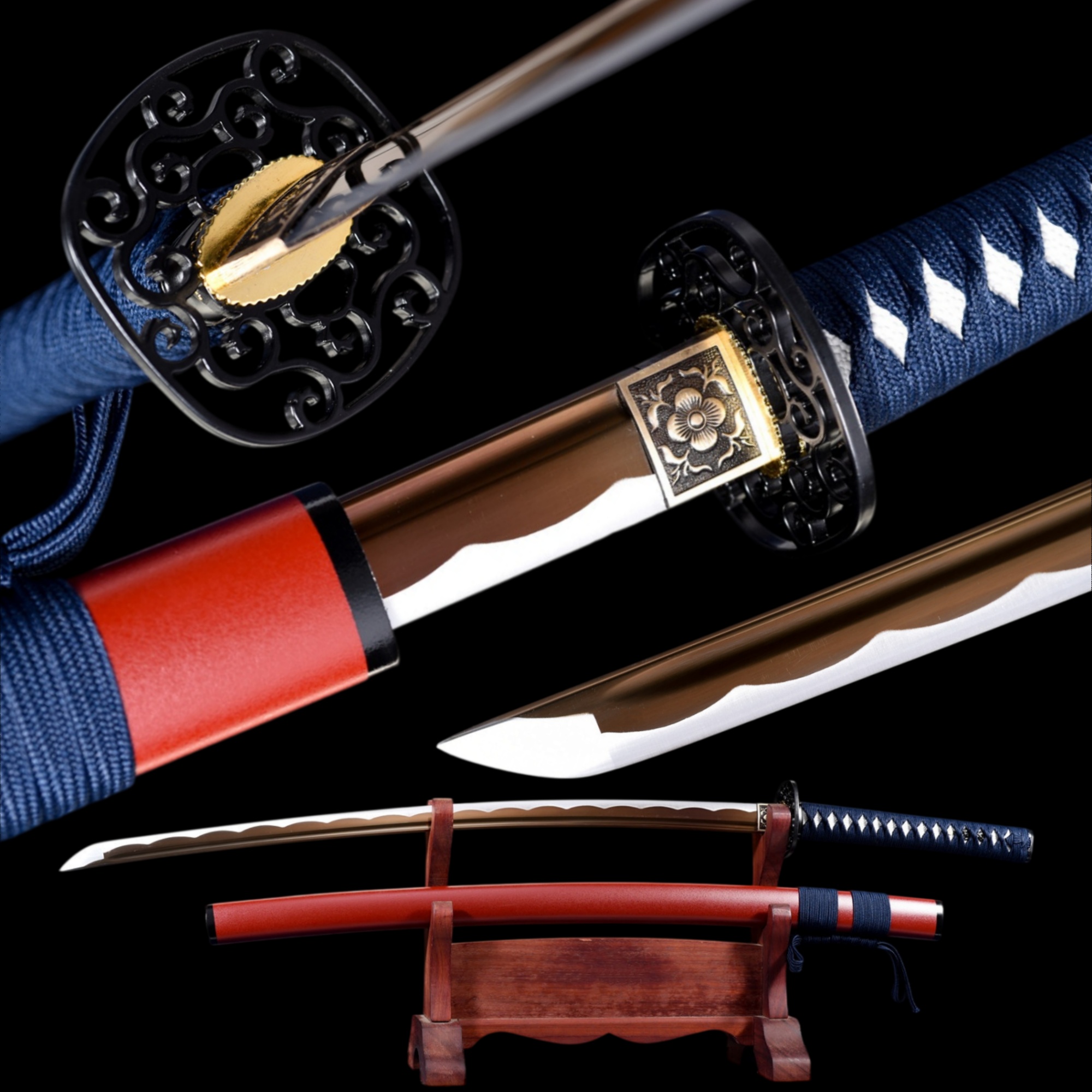 Handmade Katana High Carbon Gold Blade Iron Tsuba Red Saya Full Tang