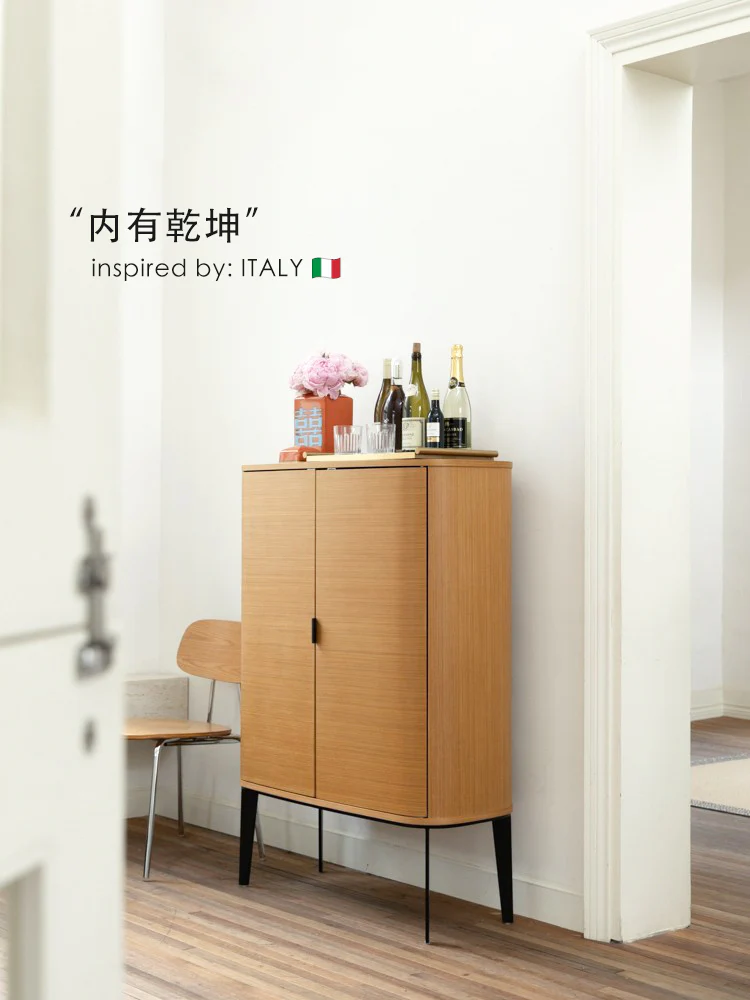 GA031 - ITALY Large Capacity Dining Side Cabinet Bar Cabinet! Golden Thread Wood Grain Curved Foyer Cabinet Living Room Storage Cabinet