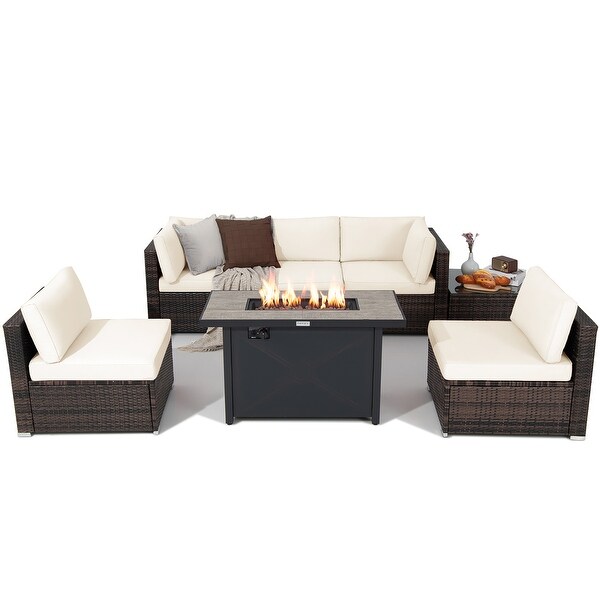 Gymax 7PCS Patio Rattan Furniture Set Fire Pit Table Cover Cushion