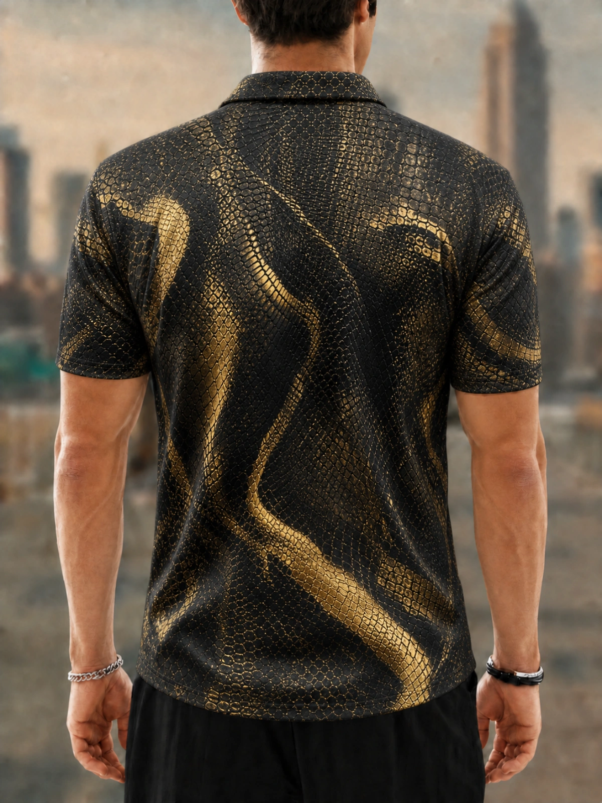 Moisture Wicking Golf Polo 3D Black Golden Snake Skin Texture Button Short Sleeve Golf Polo Shirt