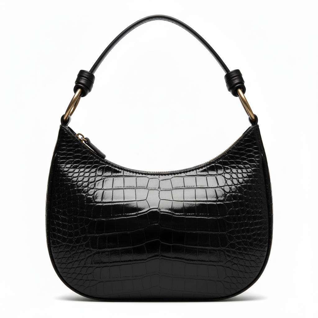 Black Croc-Embossed Crescent Hobo Bag