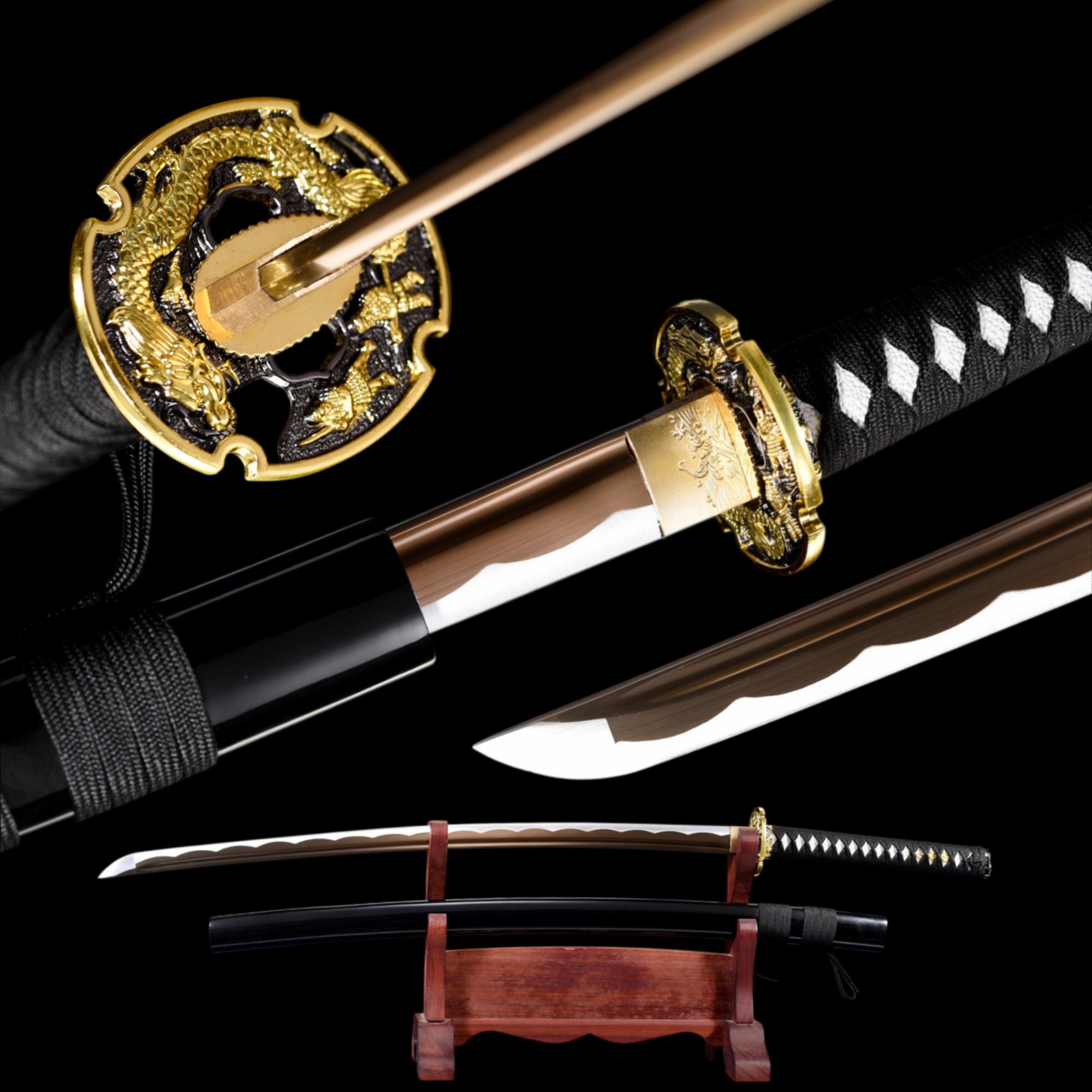 Handmade Katana High Carbon Gold Blade Dragon Tsuba Black Saya Full Tang
