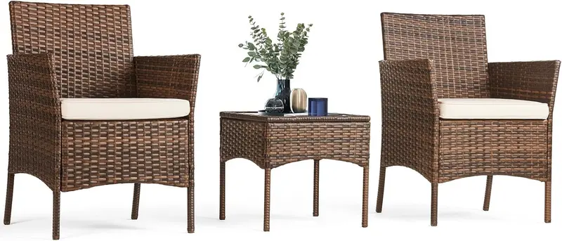 Sweetcripy 3-Piece All-Weather Patio Set – Woven Rattan Chairs with Cushions and Tempered Glass Table