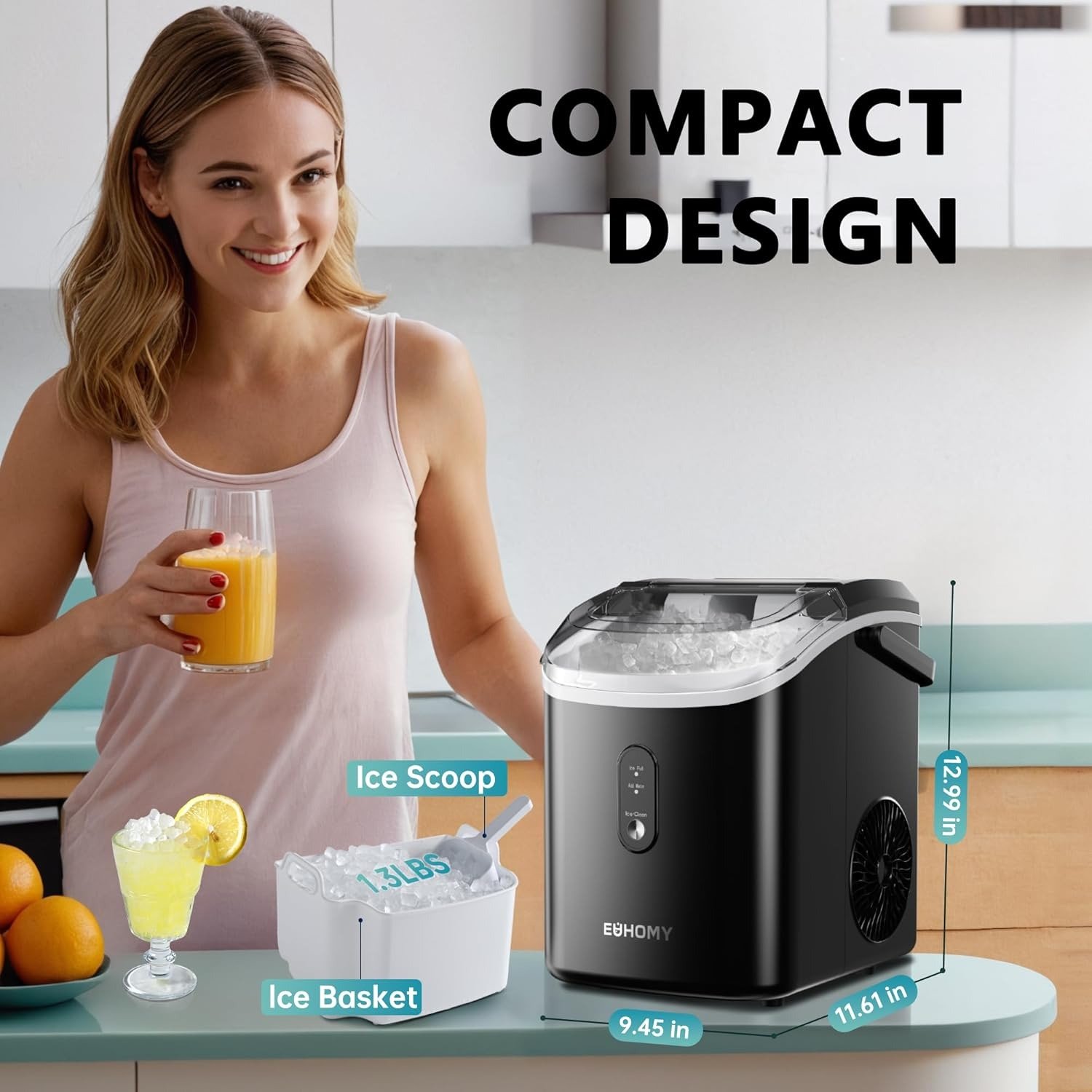 Nugget Ice Maker Countertop with Handle, Ready in 6 Mins, 34lbs Per Day, Removable Top Cover, Auto-Cleaning, Portable Sonic Ice Maker with Basket and Scoop, for Home/Party/RV/Camping (Black)