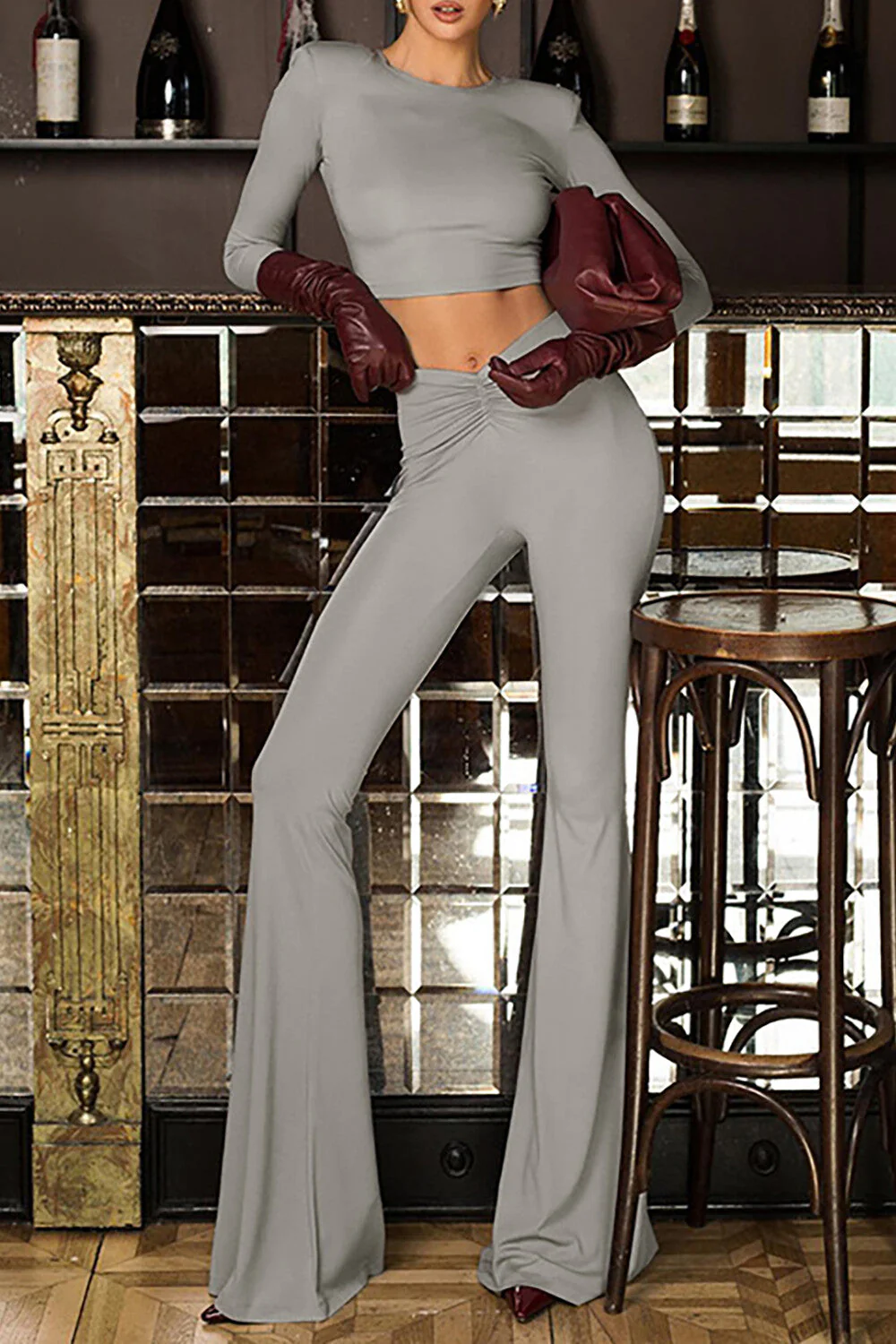 Long Sleeve Crop Top Flare Pants SetClistos