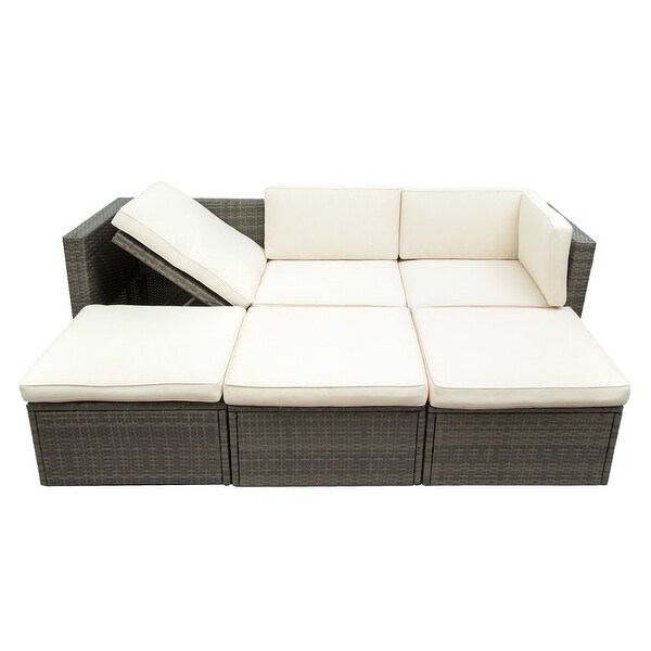 Roomfitters Patio Furniture Set,5Piece Wicker Sofa with Adjustable Backrest,Cushions,Ottomans,LiftTop Coffee Table