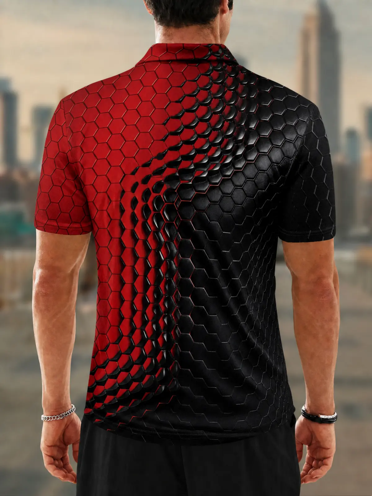 Moisture Wicking Golf Polo 3D Red Black Honeycomb Geometric Button Short Sleeve Golf Polo Shirt