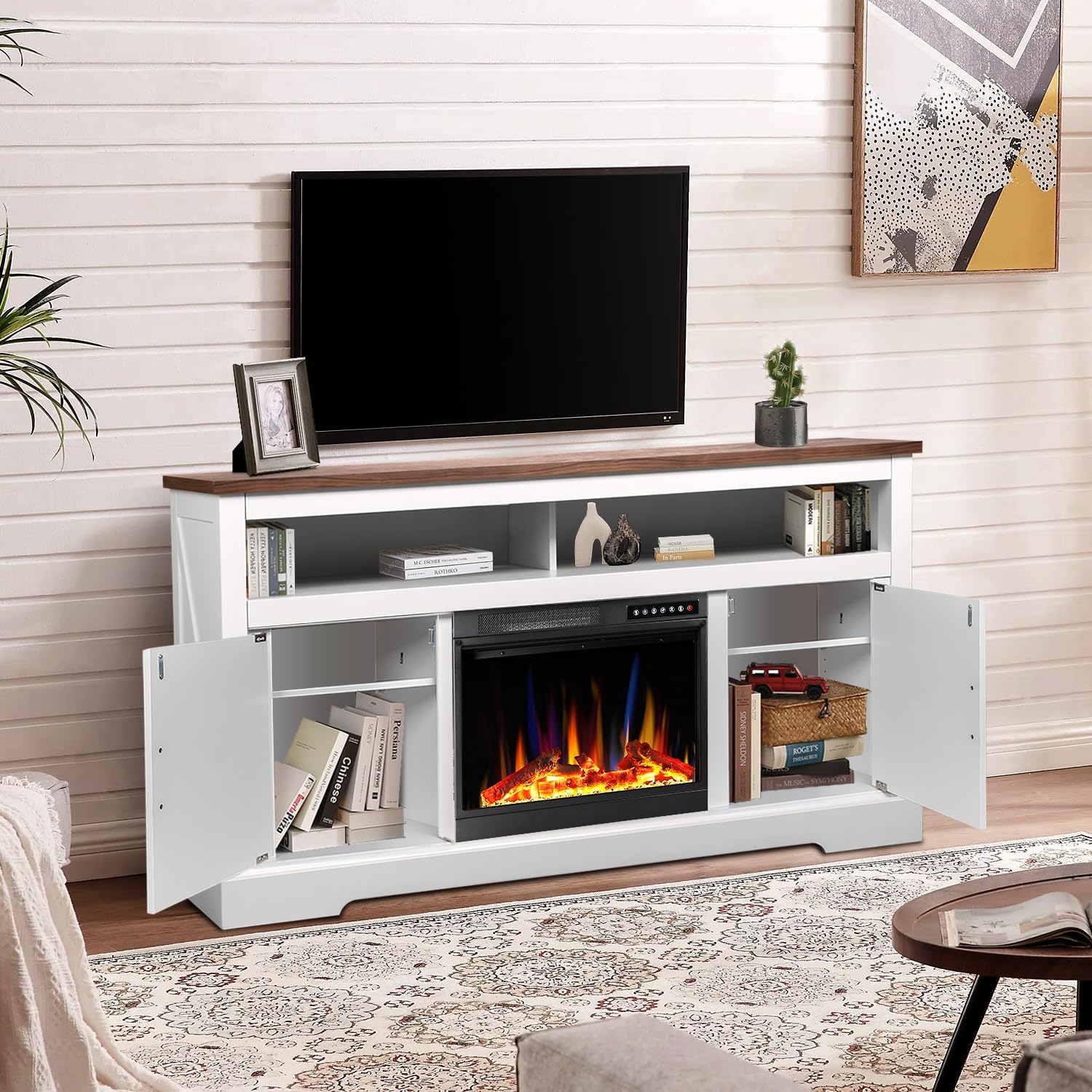 60''Fireplace TV Stand with Freestanding Electric Fireplace&Wooden Storage Cabinet M2301