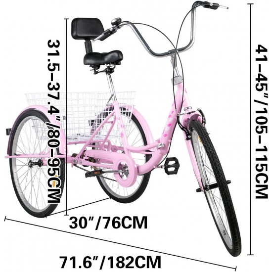 Foldable Tricycle 24’’ Wheels, 1-Speed Trike, 3 Wheels Colorful Bike with Basket, Portable and Foldable Bicycle for Adults Exercise Shopping Picnic Outdoor Activities