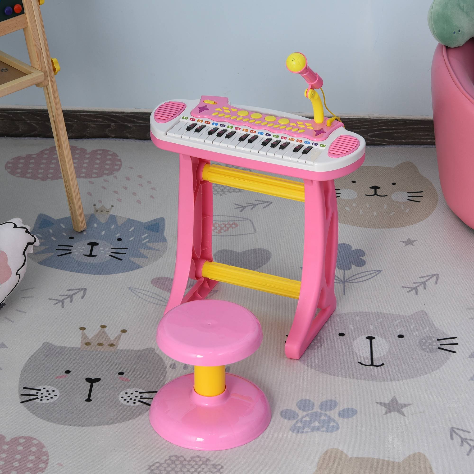 Qaba Kids Toddler Toy Piano Keyboard with Included Sitting Stool, Working Microphone, Light Function - Pink