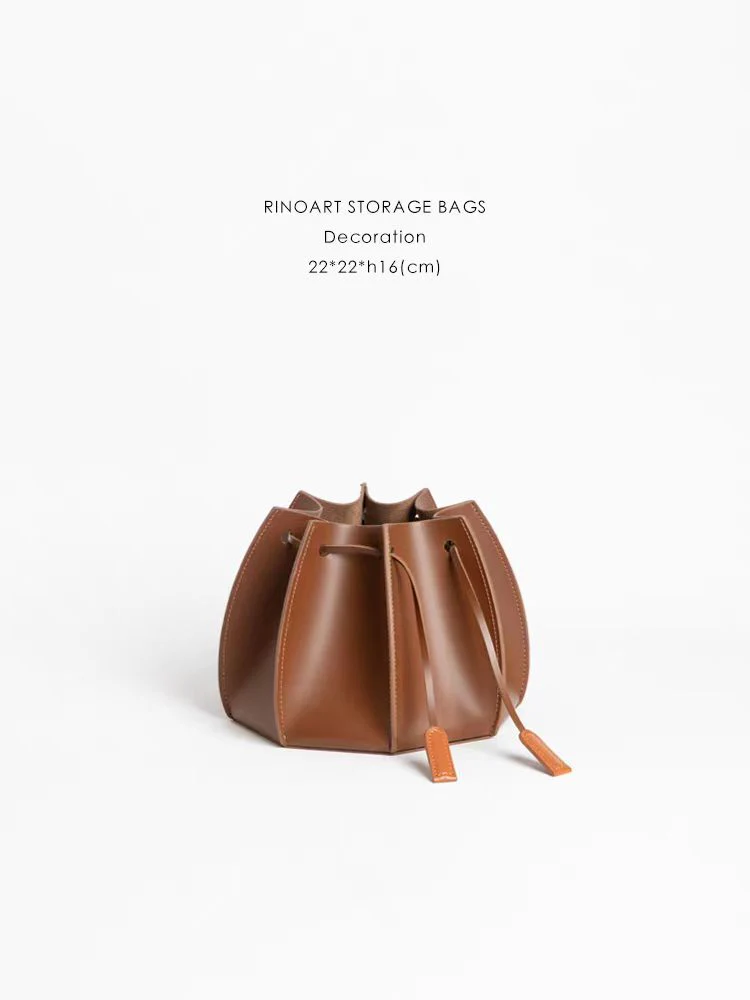 DC163 - Home Decor Hermès gold-brown teak storage basket, cloakroom jewelry underwear storage bag top layer leather cosmetic bag