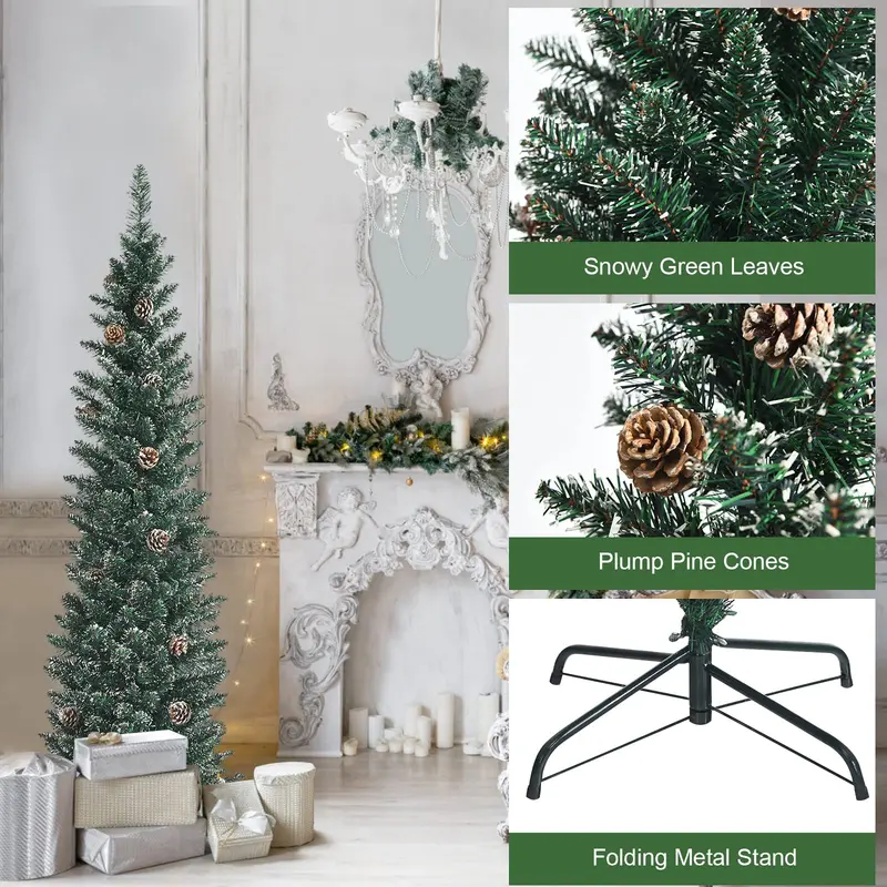 Slim Snow-Flocked Pencil Christmas Tree – Pre-Lit Artificial Tree with Hinged Branches