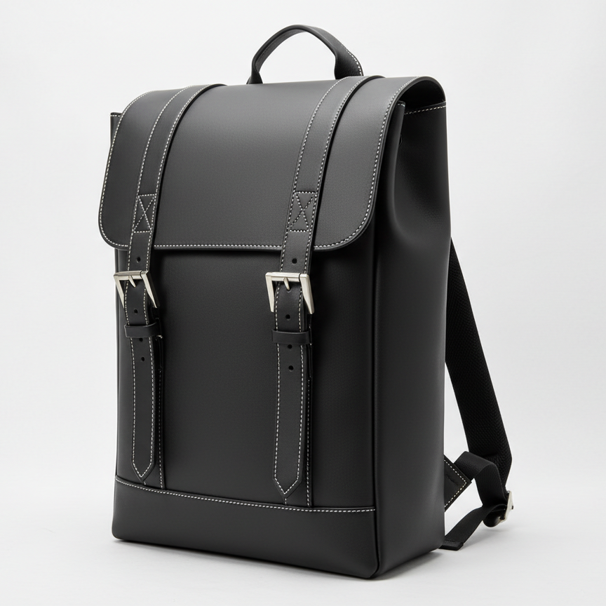 Black Contrast-Stitch Leather Backpack