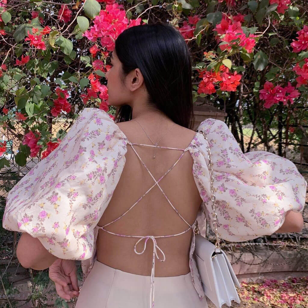 Floral Tie Back Puff Sleeve Crop TopClistos