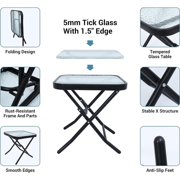 3Piece Folding Patio Bistro Dining Set,Furniture Set with 2 Folding Reclining Chairs with Cushion and 1 Folding Glass Table