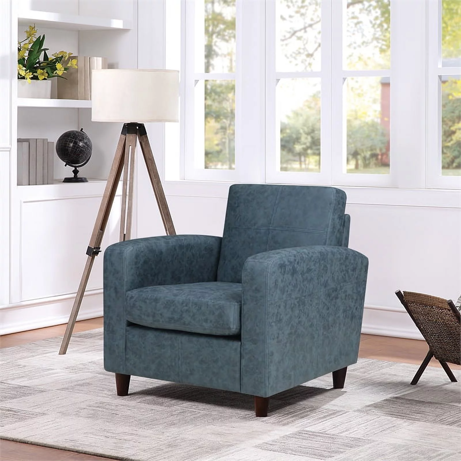 Venus Club Chair in Navy Blue Faux Leather and Medium Espresso Legs