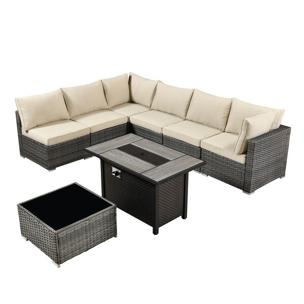 HOOOWOOO 8piece Patio Furniture Set Wicker Sectional Sofa with Fire Pit Table