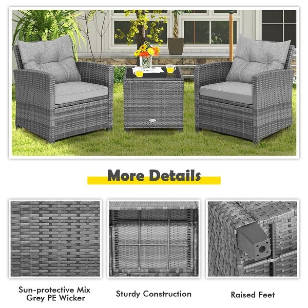 3PCS Patio Rattan Furniture Bistro Set Cushioned Sofas Side Table