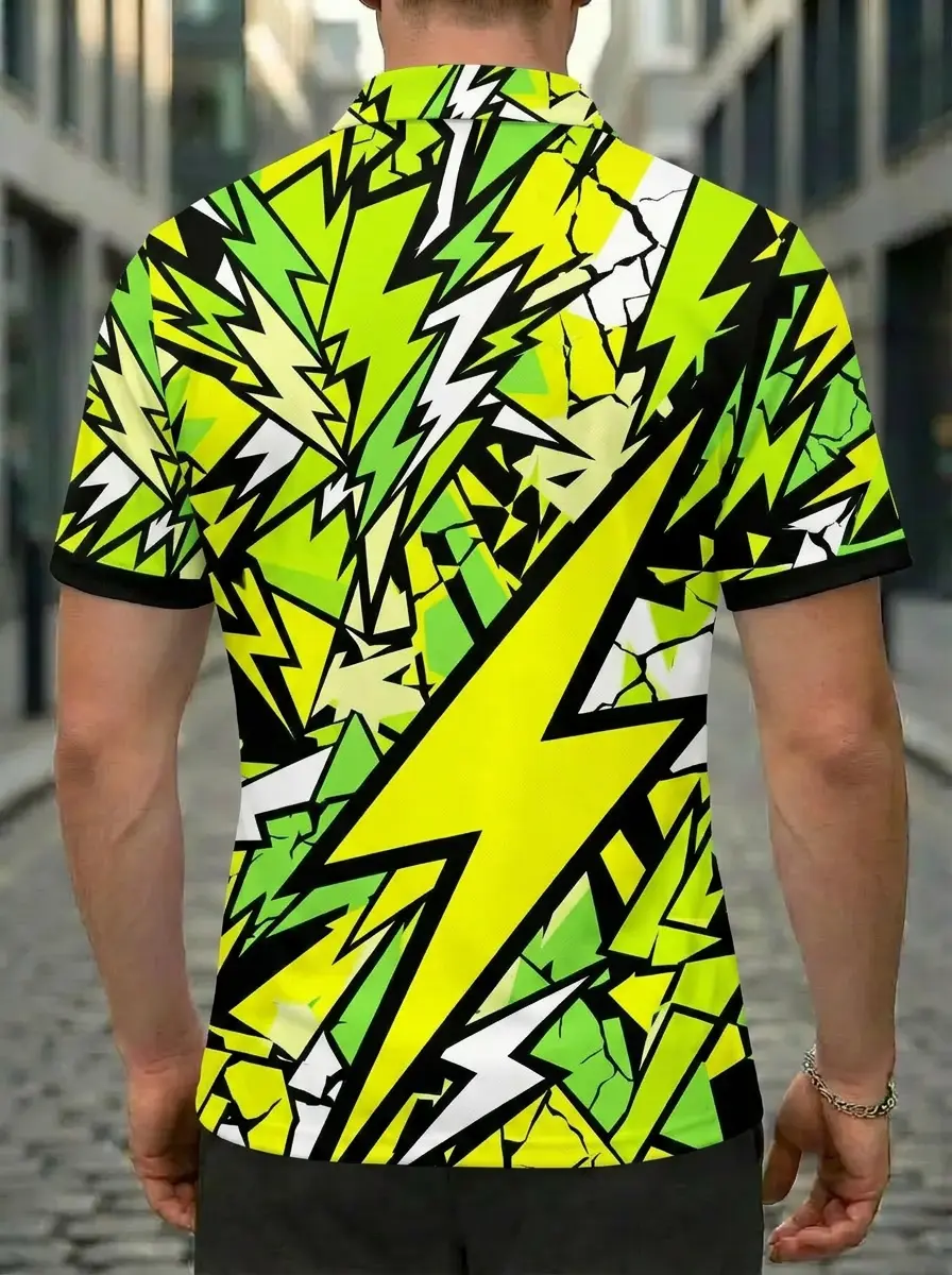 Moisture Wicking Golf Polo 3D Green Yellow Black Lightning Crack Button Short Sleeve Golf Polo Shirt