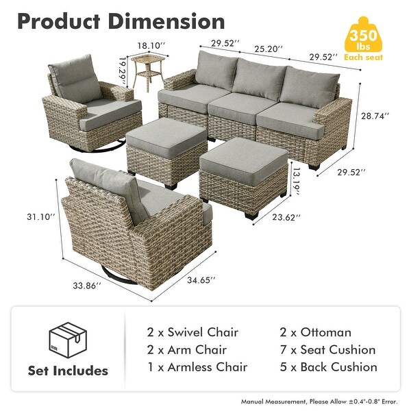 OVIOS 8 Pieces T shaped Seat Wide Armrest Swivel Chair Set With Ottoman