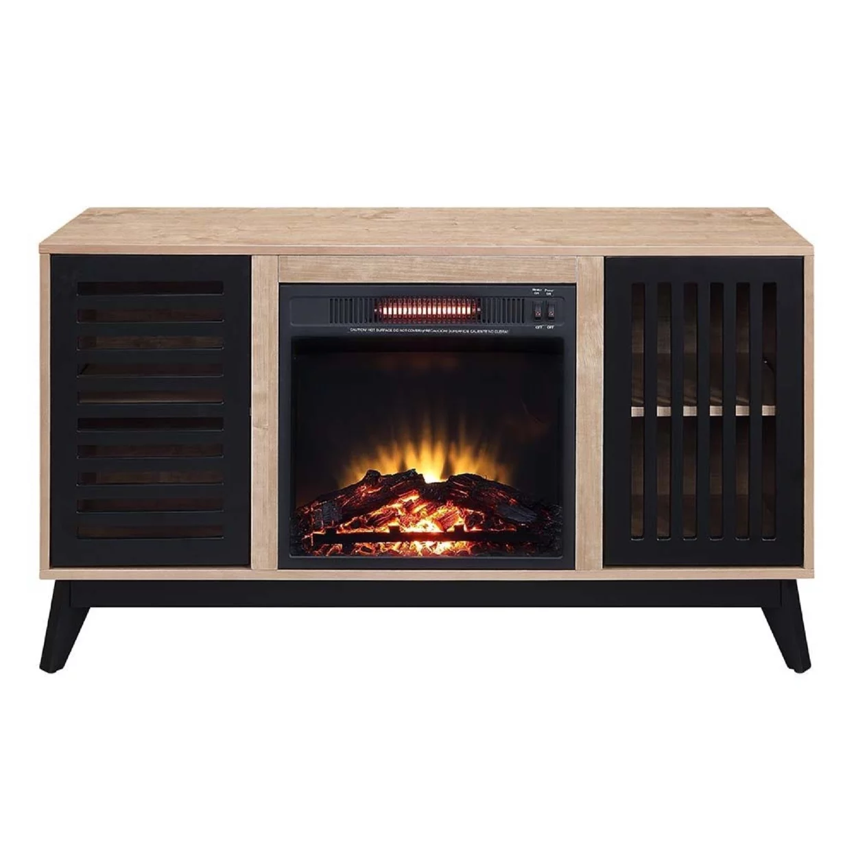 Nael 47 Inch Wood Console Table, LED Electric Fireplace, Oak Brown, Black- Saltoro Sherpi