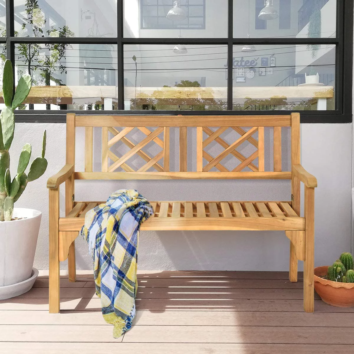 Patio Wooden Bench, 4 Ft Foldable Acacia Garden Bench, Two Person Loveseat Chair with Curved Backrest and Armrest Ideal for Patio, Porch or Balcony (Teak)