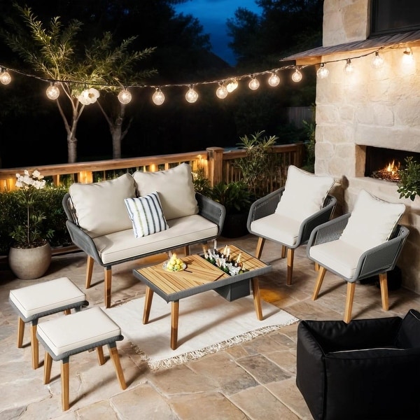 6Piece Rope Patio Outdoor Furniture Set with Table with Ice Bucket,Deep Seat Conversation Set with Two Stools,Black and Beige