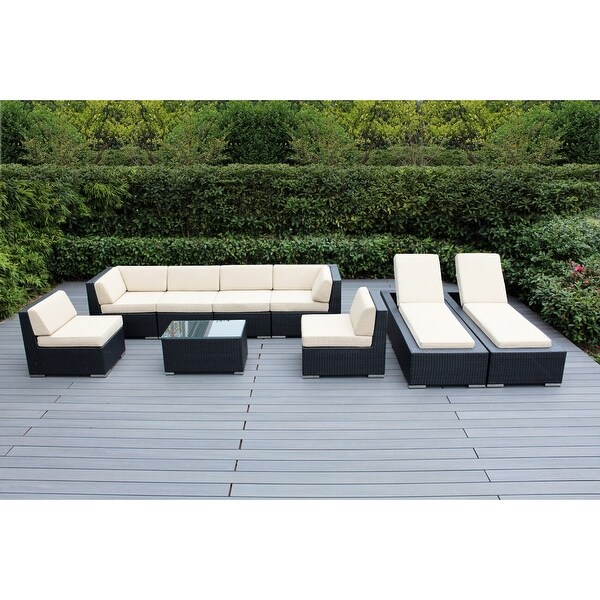 Ohana Outdoor Patio 9 Piece Black Wicker Sofa and Chaise Lounge Set