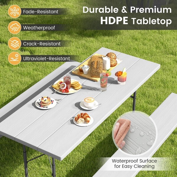 Folding Picnic Table Set with Metal Frame and AllWeather HDPE Tabletop,Umbrella Hole