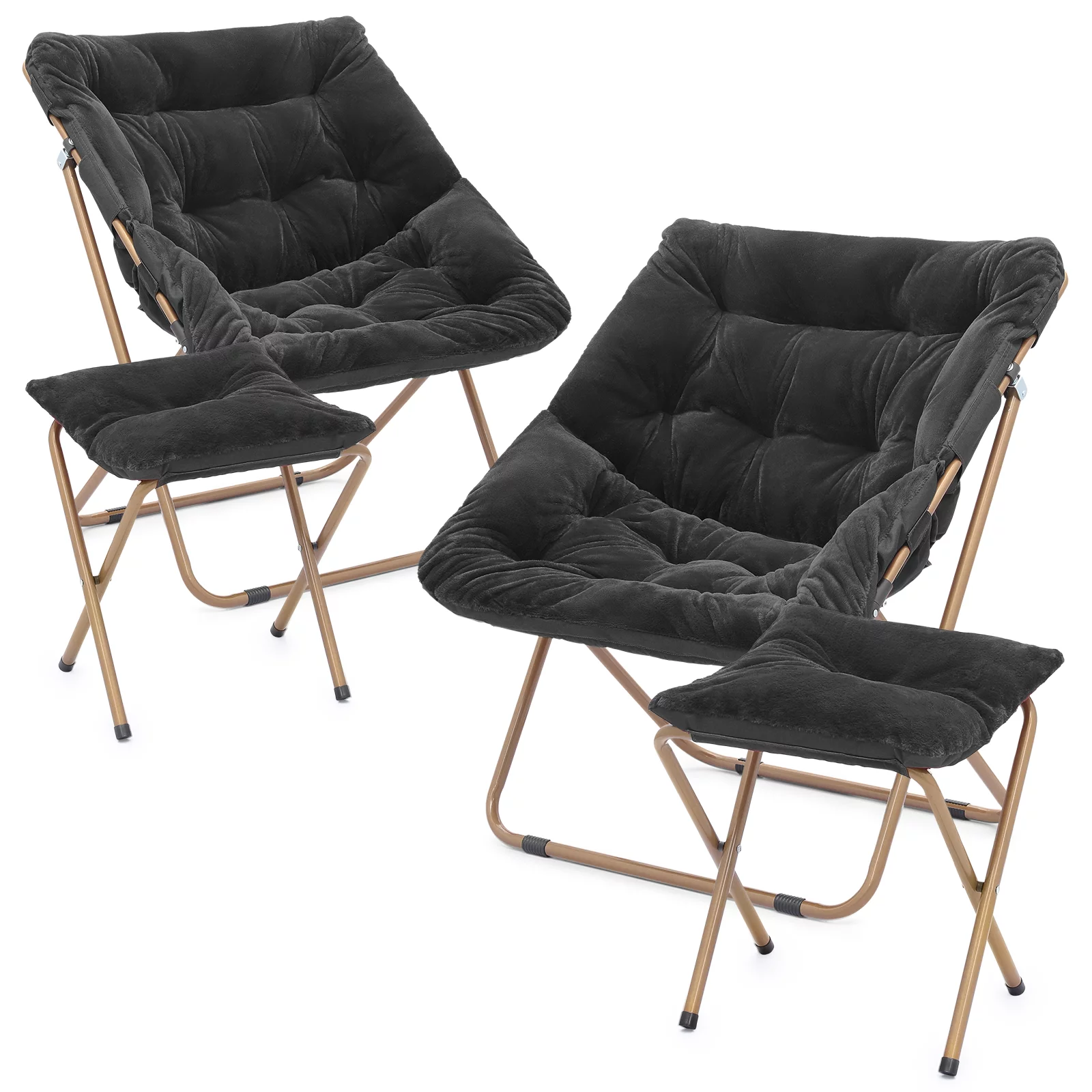 MoNiBloom Set of 2 Saucer Chair with Ottoman, Faux Fur Folding Chair and Footrest Set with Metal Frame, Foldable Lounge Chair and Foot Stool Set, Black