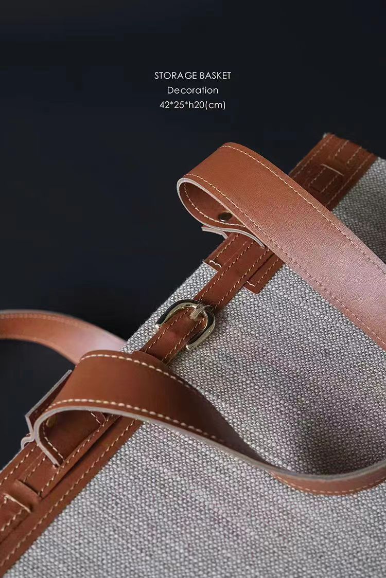 DC066 (Set) - Home Cargo Birkin Platinum Bag Series storage basket, saddle leather, outer stitching, gold-brown luxury dirty clothes basket