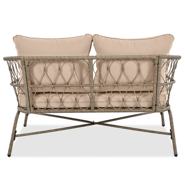 4Piece Wicker Patio Conversation Set with Beige Cushions,With Wood Tabletop