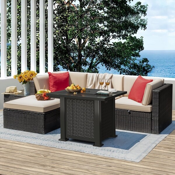 Furniwell 6 Pieces Fire Pit Seating Outdoor Sectional Rattan Sofa Set with 40000 BTU Propane Fire Pit Table,Family Gathering