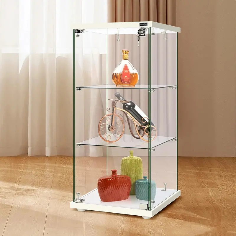Tempered Glass Display Cabinet – 4-Tier Countertop Showcase with Lockable Door, 5mm Glass & MDF Base (15.7″W x 62.6″H)