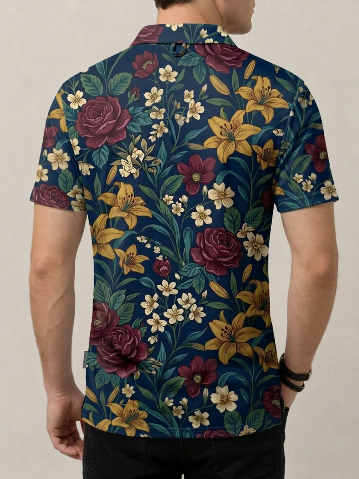 Navy Blue Vintage Floral Rose and Lily Print Short Sleeve Golf Polo Shirt