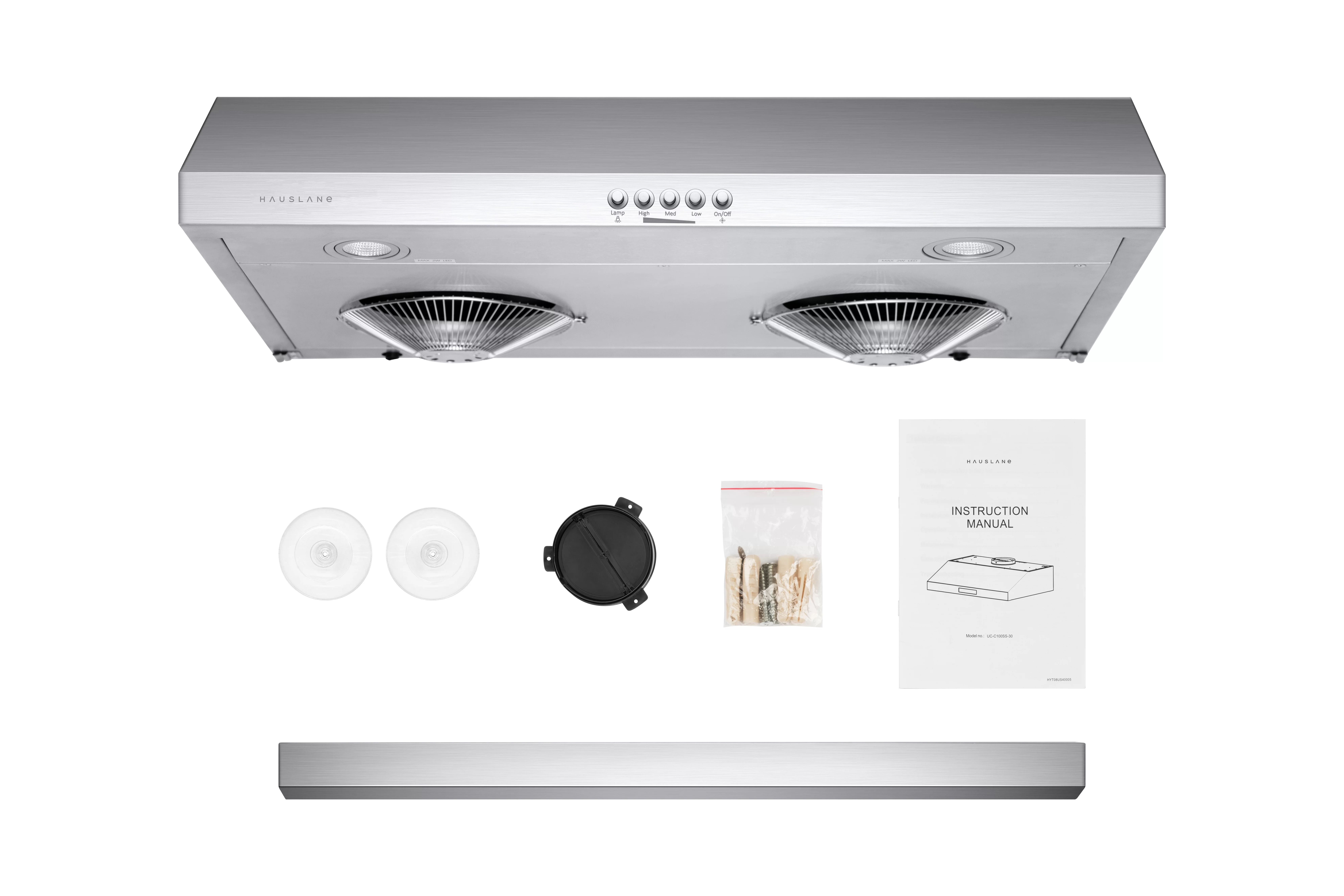 Hauslane|Chef Series C100 30-inch Under Cabinet Range Hood | Full Stainless Steel |Energy Efficient LED Lamps Essential Suction | Fits 6 Inch Round Ducts