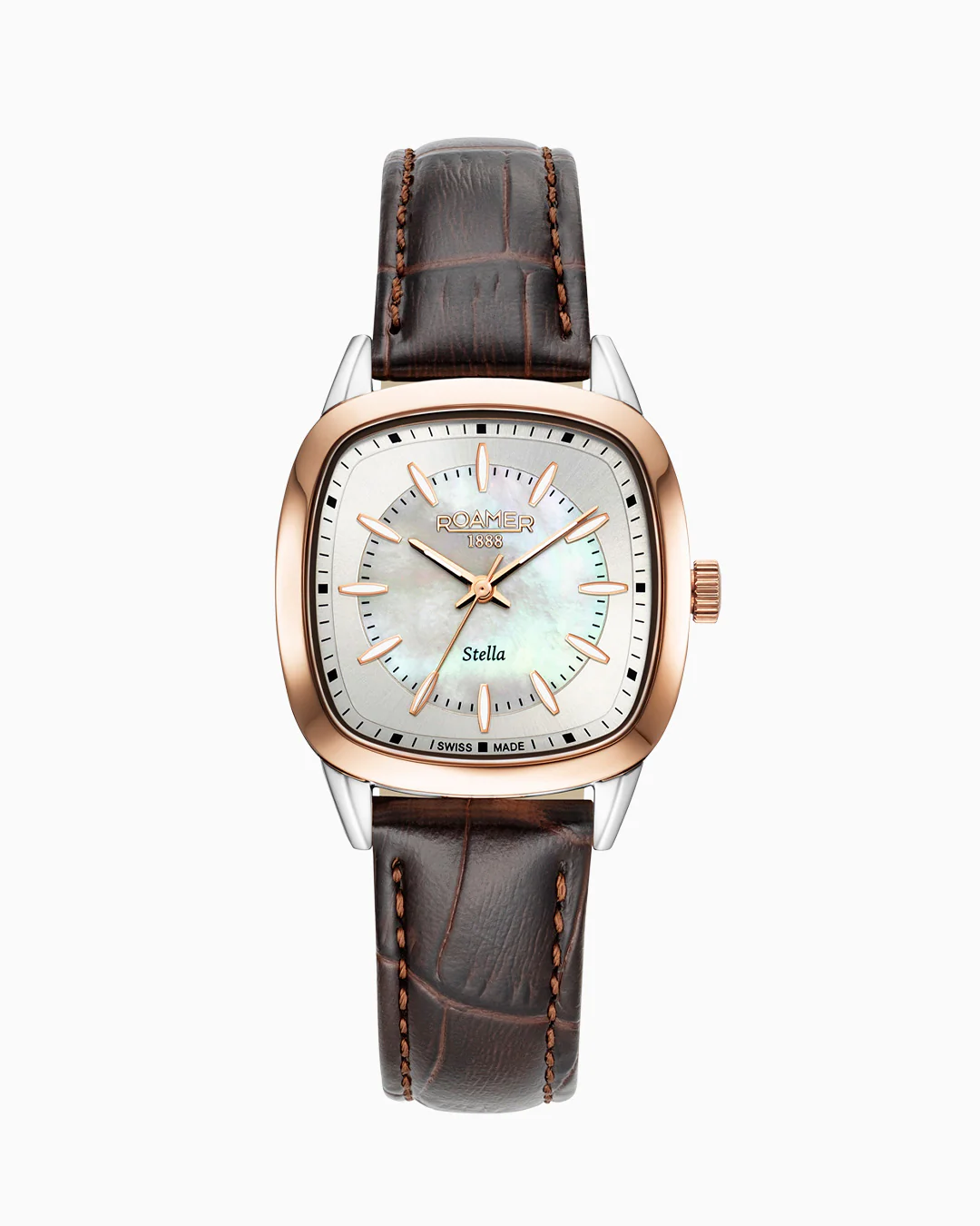 Stella 32.5mm Quartz Three-Hand White Mop Dial RoseGold-Tone Case Brown Leather Bracelet Sapphire antireflection glass  Stainless Steel swiss watch