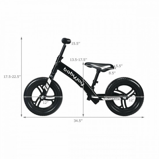 Kids Pre Learn To Ride Bike 12″ Balance Bike No-Pedal Gift Adjustable Seat Black