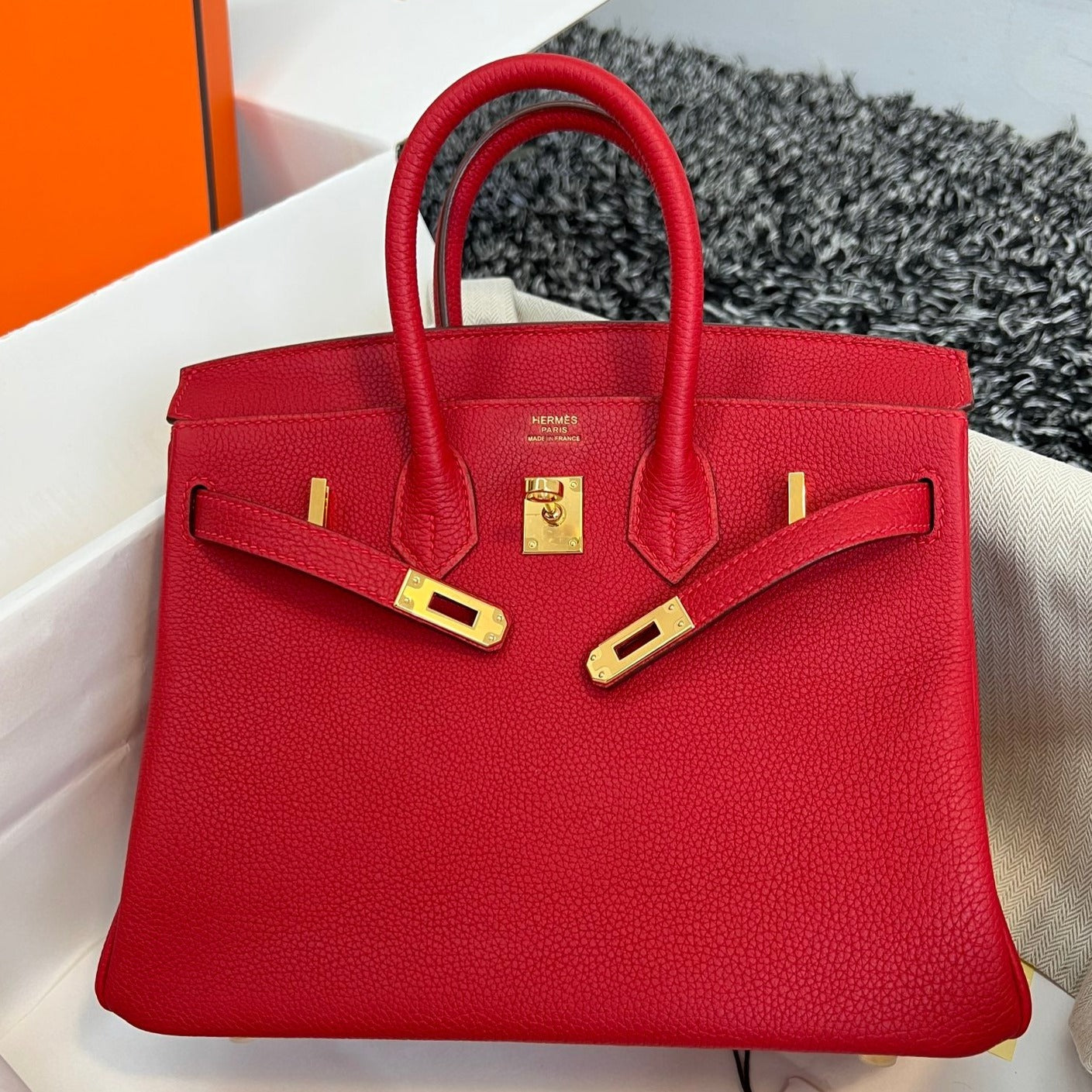 Hermes Birkin 25Cm Red Togo Leather Gold Hardware