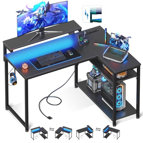 MOTPK L Shaped Gaming Desk with Power Outlet, Reversible Gaming Desk with Height Adjustable Monitor Stand, Gaming Computer Desk 43inch with LED Lights, Home Office Desk, Black