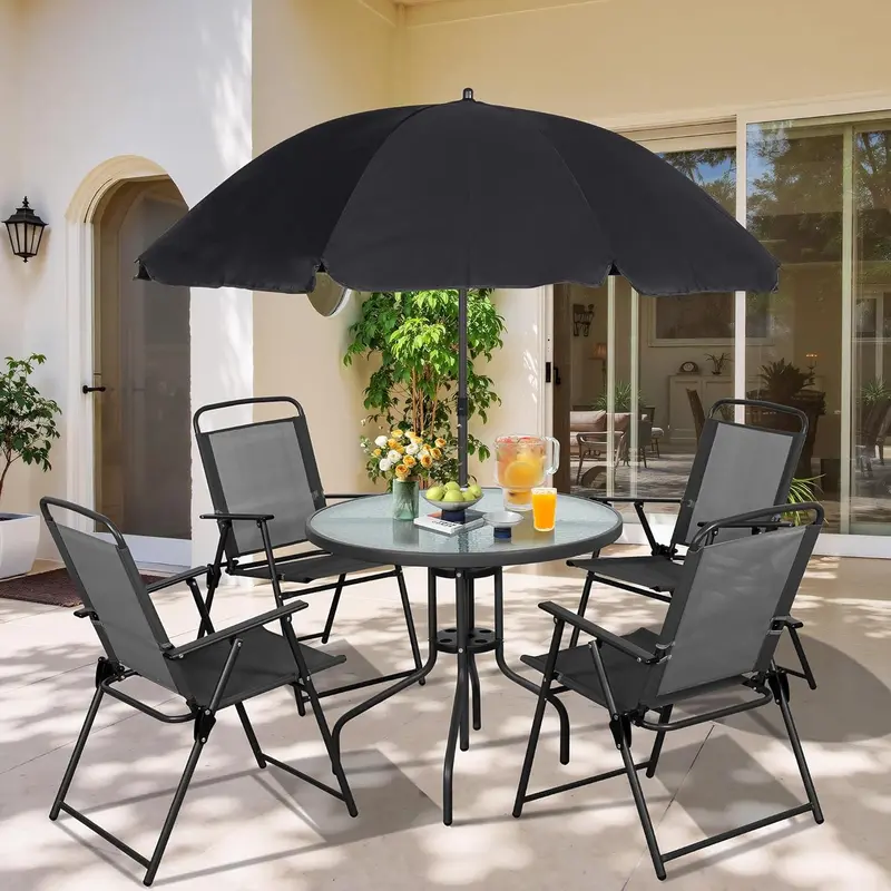 Vongrasig 6-Piece Folding Metal Patio Set with Umbrella – Compact Garden Table and Chair Ensemble