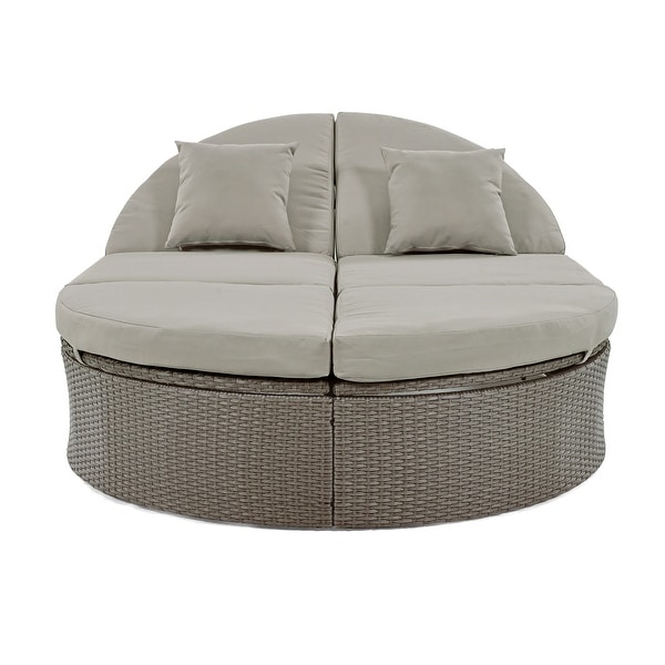 2Person Rattan Garden Reclining Chaise Lounge Daybed with Cup Trays