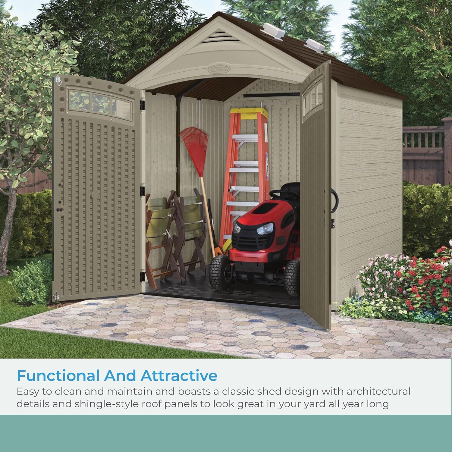 Suncast Vista 7x7 Storage Shed with Multi-Wall Resin Panels, 4 Skylights, IllumiVent System, and Pad-Lockable Doors, 84