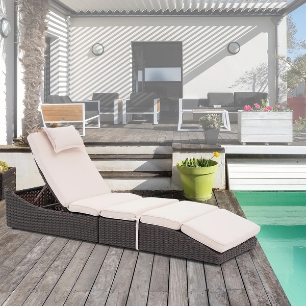 Patio Wicker Chaise Lounge Recliner Foldable Chair,w/ 5 Adjustable Back Positions and Cushion
