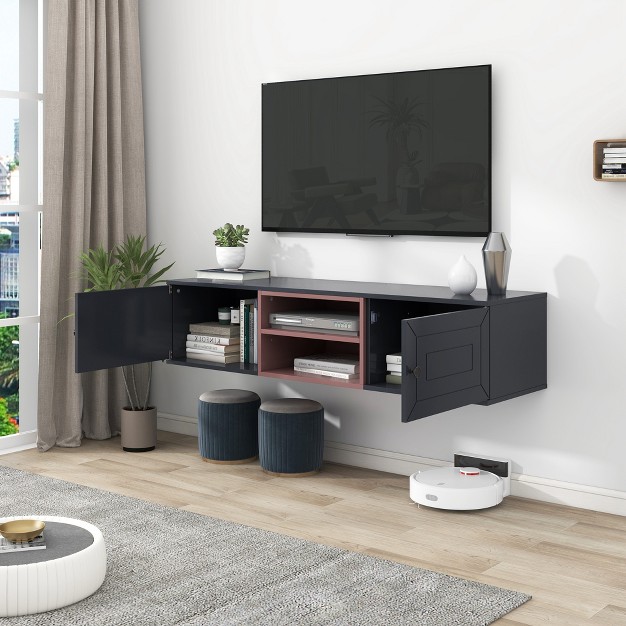 Wall Mounted Floating Tv Stand For Tvs Up To 65 x27 x27 With Adjustable Shelves And Magnetic Cabinet Door modernluxe
