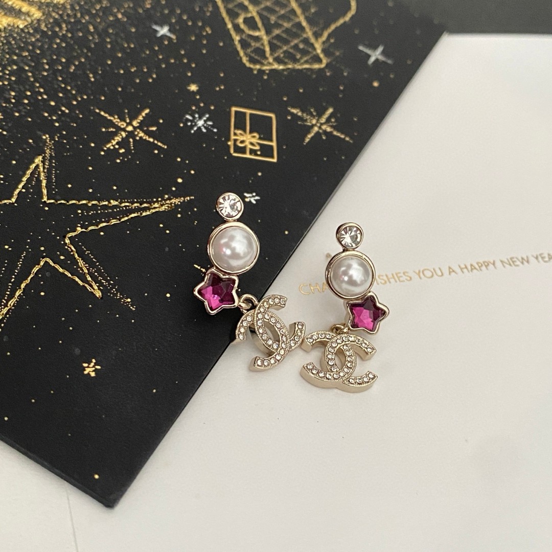 Chanel Pink Diamond Star Pearl Double C Stud Earrings - cnluxepick