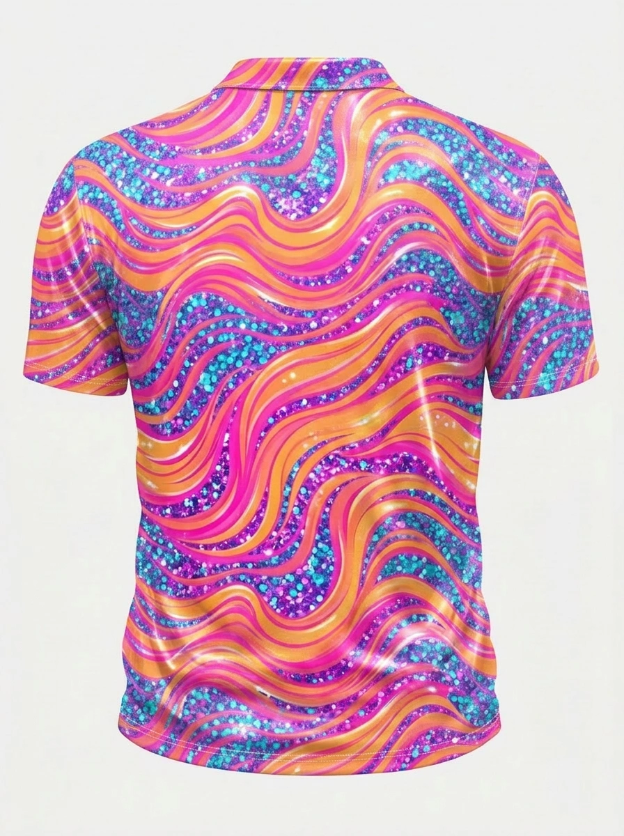 Moisture Wicking Golf Polo 3D Pink Orange Wave Glitter Button Short Sleeve Golf Polo Shirt