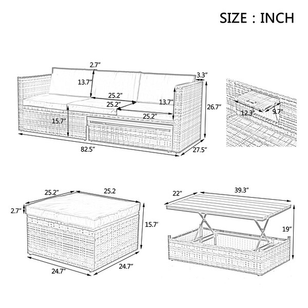 MultiFunctional Patio Sectional Furniture Set,5 Set PE Wicker Lounger Sofa Set with Adjustable Seat and Lift Coffee Table